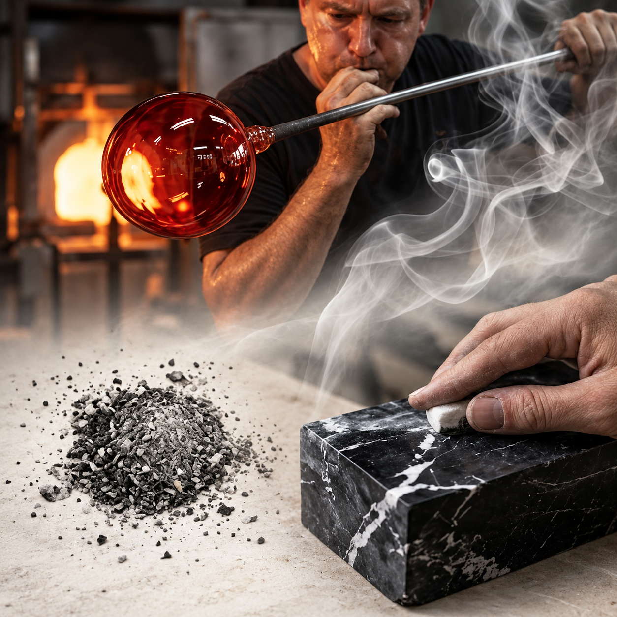 Master glassblower shaping the globe