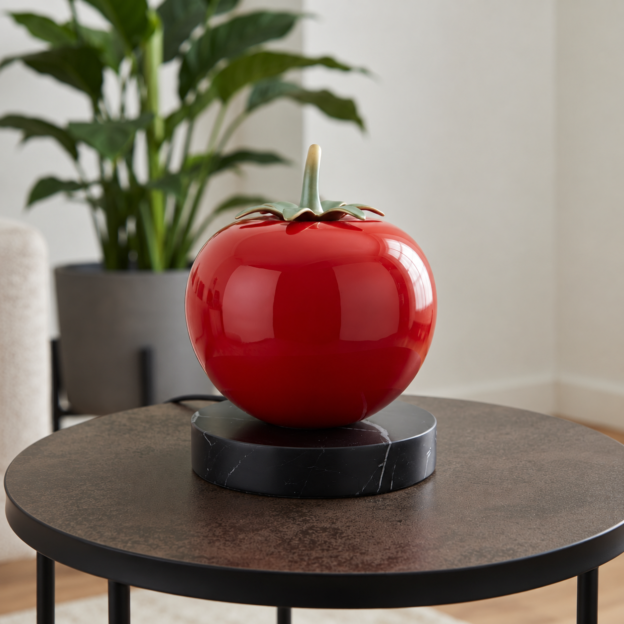 Red Glomato lamp on a side table in a bright interior