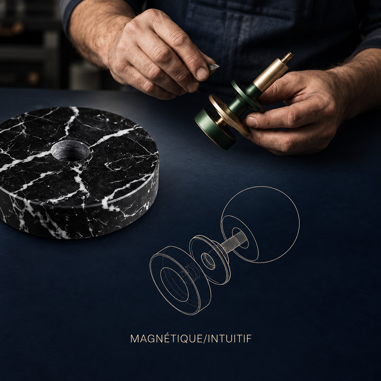 Nero Marquina marble base and magnetic fitting