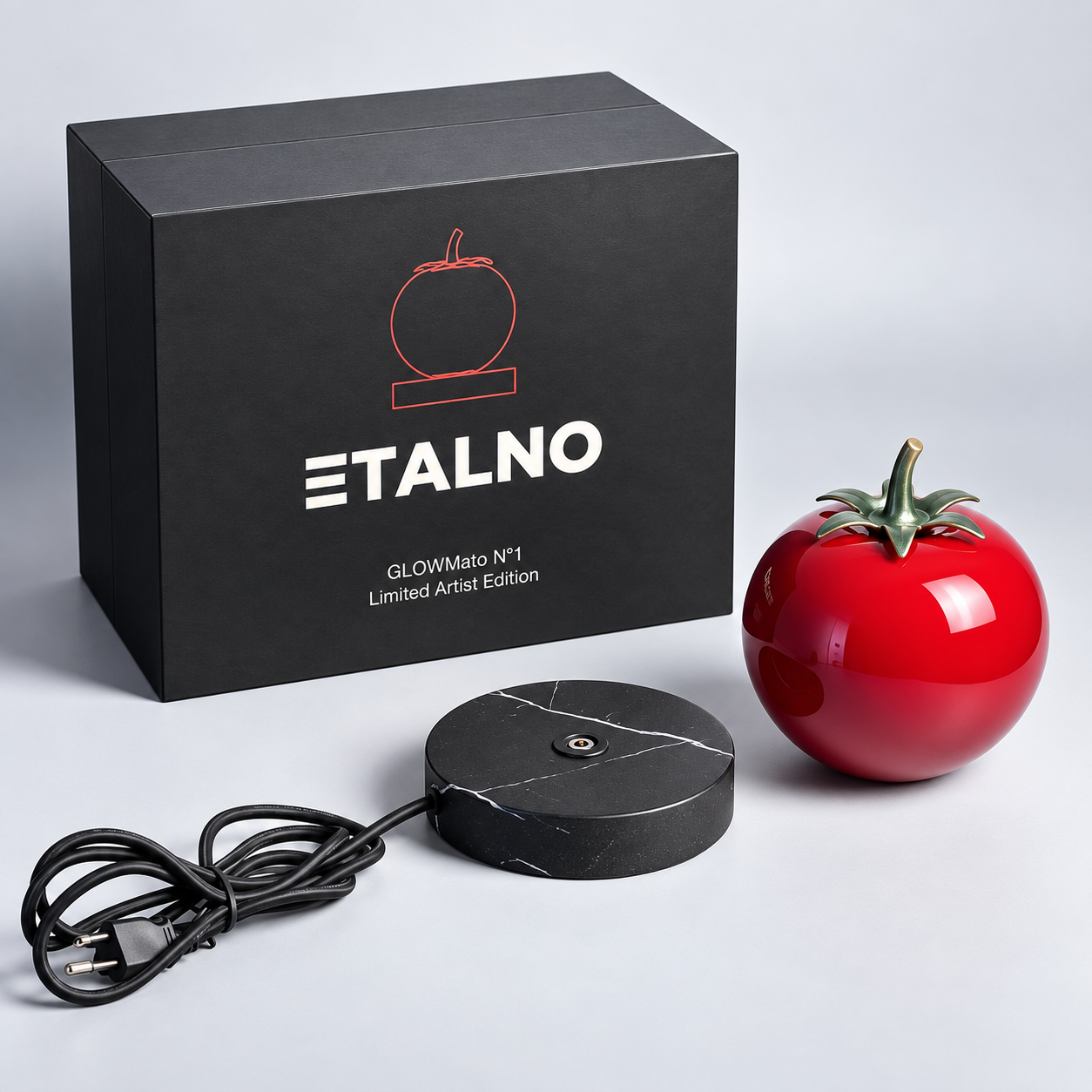 Glomato No.1 lamp, separate base and cable beside its ETALNO presentation box